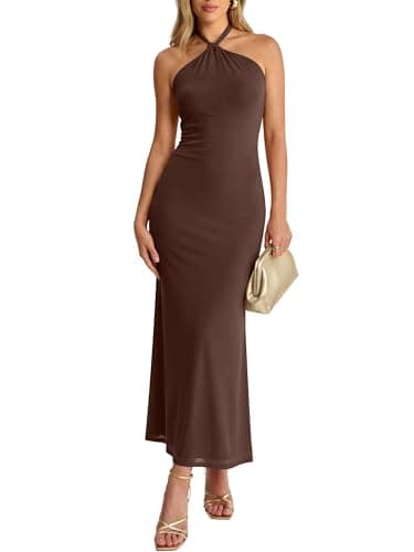 Prinbara Womens Halter Neck Bodycon Maxi Dresses 2026 Summer Mesh Backless Elegant Formal Wedding Guest Party Club Long Dress Brown Medium - Image 1