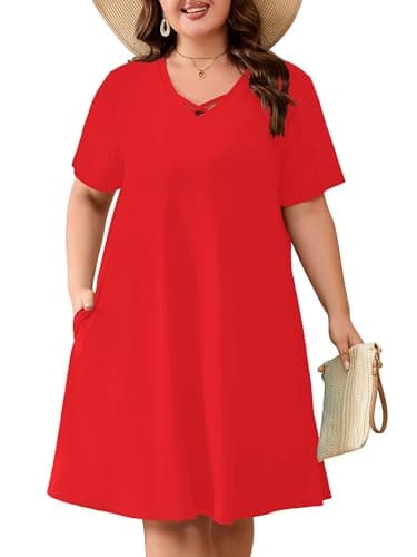 AusLook Plus Size Midi Dress for Women Red 5X Short Sleeve V Neck Criss Cross A Line Summer Casual Vacation Dress T-Shirt 2026 Sundresses with Pockets - Image 1