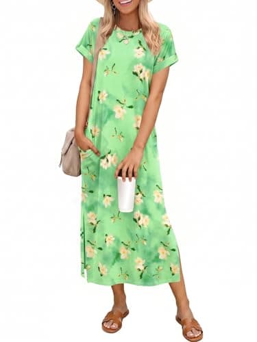 Wenrine Womens Summer Floral Maxi Dress Short Sleeve Casual Loose Sundresses Split Vacation Beach Long T Shirt Dress B-Green - Image 1