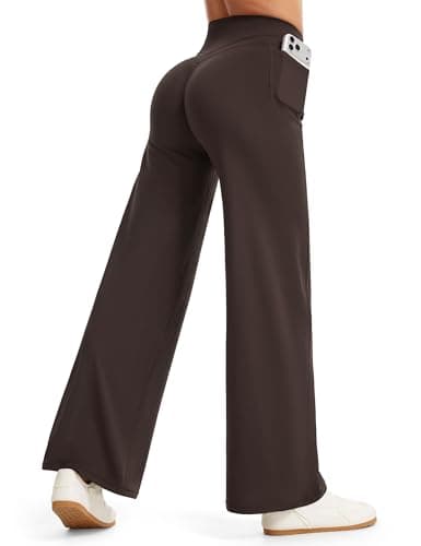 THE GYM PEOPLE Women's Booty Lifting Wide Leg Yoga Pants High Waist No Front Seam Straight Workout Leggings with Pockets Brown - Image 1