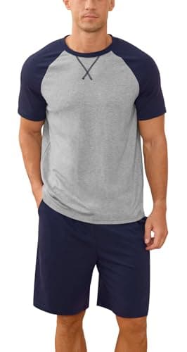 NITAGUT Mens Pajama Set Summer 2 Piece Loungewear Short Sleeve Pjs Sleepwear with Pockets Soft Comfy Nightwear, Navy Blue, Large - Image 1