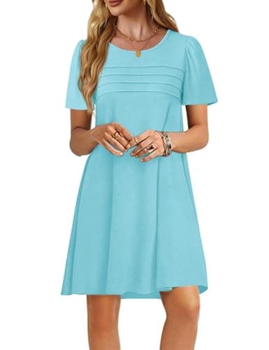 Imily Bela Womens Summer Casual T Shirt Dress Short Sleeve Crewneck Pleated Front Loose Beach Flowy Mini Dresses Mint Green - Image 1