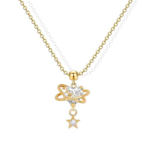 Aohik Gold Plated Necklace for Women,Heart Planet Copper with CZ Heart & Star Pendant, Romantic Celestial Jewelry Gift, Dainty Cosmic Love Necklace for Anniversary Valentineâs Day Birthday - Image 1