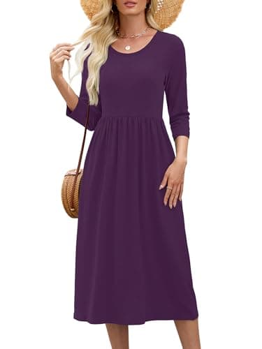 Heymoments Midi Dress for Women Violet Purple X-Large Wedding Guest A line Crewneck 3/4 Sleeves Casual Flowy Swing Cocktail Slimming Birthday Party Spring Fall Winter Travel Long Midi Dresses - Image 1