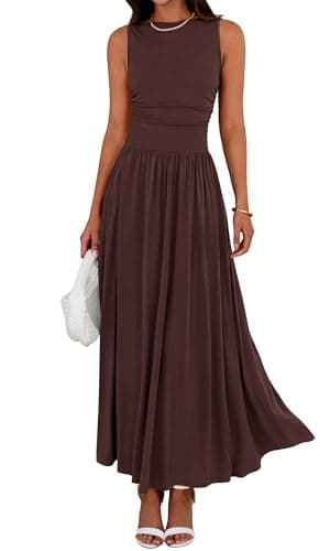BTFBM Summer Maxi Dresses for Women 2026 Spring Sleeveless Casual Ruched High Waisted Long Sundress Flowy Beach Dress(Coffee, Large) - Image 1