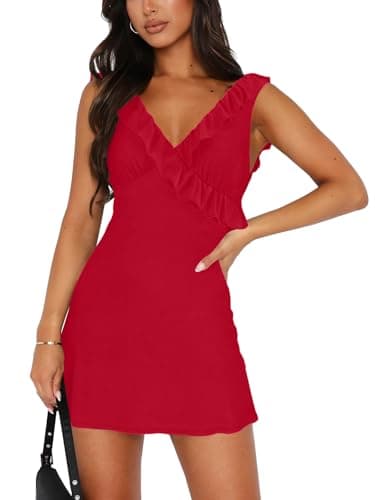 OWIN Women's Sexy V Neck Mini Dress Sleeveless Backless Ruffles Birthday Going Out Short Dresses Elegant Mesh Party Fitted Cocktail Dresses Red XL - Image 1