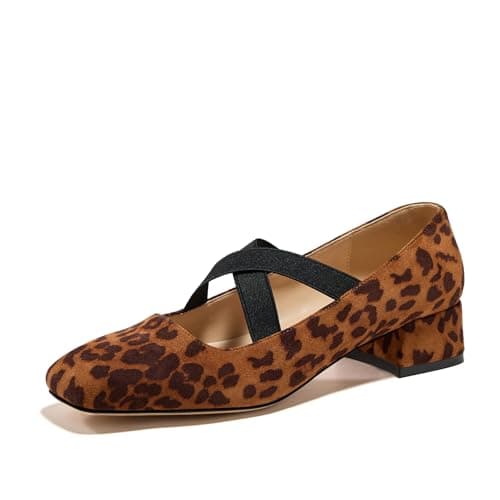 GotSoft Women's Mary Jane Chunky Low Heels Crossed Elastic Strap Pumps Closed Square Toe Dress Shoes, Leopard, Size 7.5 - Image 1