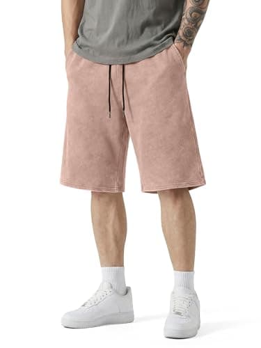 JMIERR Acid Washed Cotton Shorts for Men Relaxed Fit Stretchy Comfy Elastic Waist Drawstring Streetwear Summer Y2K Vintage Baggy Dress Shorts, Light French Beige, Small - Image 1