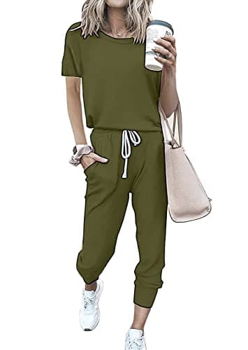 PRETTYGARDEN 2 Piece Outfits for Women 2026 Summer Casual Lounge Jogger Sets Short Sleeve Top and Long Pants with Pockets (Army Green, XX-Large) - Image 1
