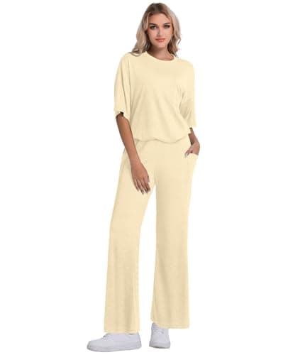 YOAKUKA Women's Two Piece Lounge Sets Loose Fit Short Sleeve Tops and Wide Leg Pants Casual Matching Travel Outfits Tracksuit - Image 1