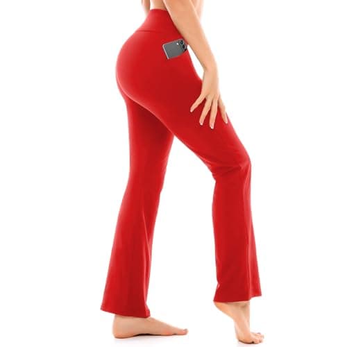 Walifrey Flare Leggings with Pocket for Women,High Waisted Opaque Flare Pants for Yoga Workout Red S - Image 1
