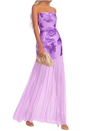 KIRUNDO Wedding Guest Dresses for Women 2026 Summer Strapless Bodycon Floral Maxi Mesh Tulle Hem Cocktail Party Formal Dress(Purple Flower, X-Large) - Image 1