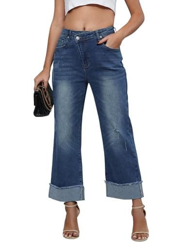 Genleck Wide Leg Cropped Jeans for Women Trendy High Waisted Crossover Boyfriend Jeans Mom Baggy Stretchy Denim (Dark Blue, XS) - Image 1