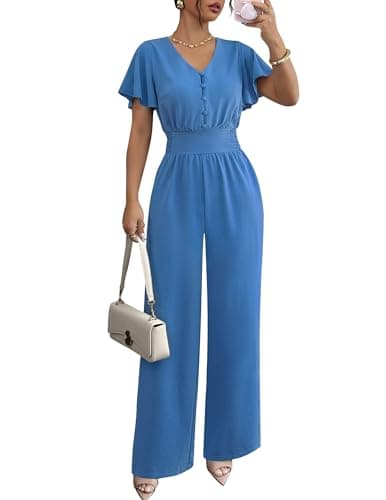 LOOKBOHO Jumpsuits for Women Dressy 2026 Summer Ruffle Short Sleeve Button V Neck Wide Leg Romper One Piece Outfits - Image 1