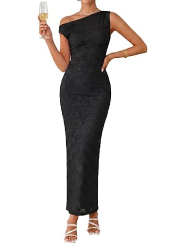 PRETTYGARDEN Womens Floral One Shoulder Maxi Dress 2026 Summer Spring Wedding Guest Formal Bodycon Ruched Cocktail Dresses (Black,X-Small) - Image 1