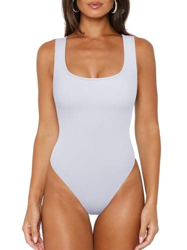 REORIA Tank Top Bodysuits for Women Ribbed Scoop Neck Sleeveless Slimming Basic Body Suit Tops Going Out Outfits 2026 Summer White (Modal) Large - Image 1