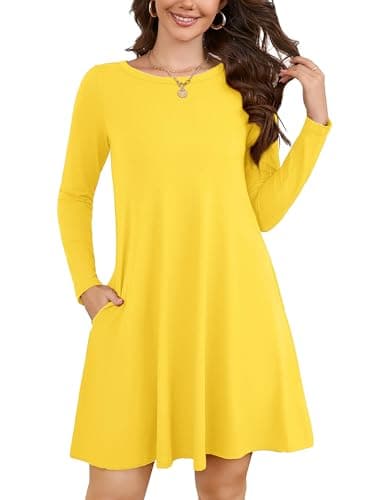 KORSIS Fall Long Sleeve Dress Women Pettite Bassic T-Shirt Dresses Round Neck Casual A-Line Loose Vocation Winter Whith Pockets Yellow 2XL - Image 1