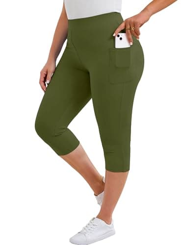 AusLook Plus Size Capri Leggings for Women with Pockets High Waisted Tummy Control Cropped Army Green 5X Leggings Buttery Soft Stretch Casual Lounge Workout Pants - Image 1
