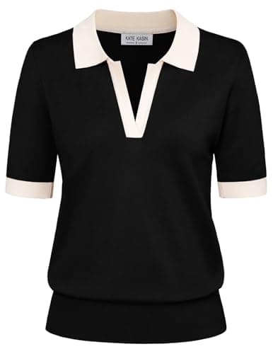 Kate Kasin Women Short Sleeve Polo Sweater Tops Lightweight Summer V Neck Color Block Soft Knit Pullover Shirt Black L - Image 1