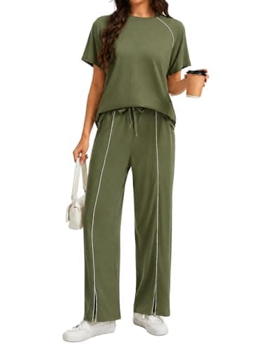 imbpceu Women's Two Piece Sets Casual Short Sleeve Top Wide Leg Pants Summer Matching Sweatsuit Army Green M - Image 1