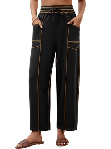grewley Womens Linen Barrel Pants Baggy Wide Leg Pants Summer Palazzo Drawstring Waist Pants with Pockets Casual Black XXL - Image 1