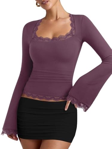REORIA Womens Trendy Square Neck Cute Long Bell Sleeves Shirts Lace Trim Casual Slim Fitted Tee Y2K 2026 Winter Fall Going Out Tops Purple - Image 1