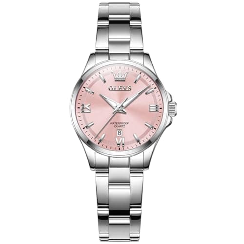 OLEVS Watches for Women, Luxury Analog Quartz Women's Watch with Pink Dial, Silver Stainless Steel Bracelet, Waterproof Ladies Wrist Watch with Date Window - Image 1