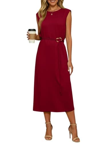 Wenrine Womens Sleeveless Midi Dress Summer Work Office Back Slit Elegant Flowy Tank Casual Vacation Dresses Burgundy - Image 1