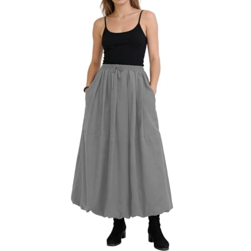 P Ammy Fashion Women's Bubble Skirt Elastic Waist Casual Party Y2K Puffy Hem A-line Maxi Long Skirts with Pockets (US, Alpha, 3X-Large, Regular, Regular, Grey) - Image 1