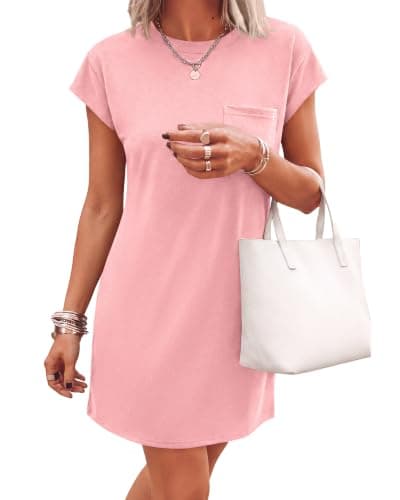 KIRUNDO Summer Mini Tshirt Dress 2026 Cap Sleeve Spring Dresses for Women Loose Casual Crewneck Shift Sundress Basic Pockets(Pink, Medium) - Image 1