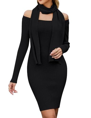 Blooming Jelly Womens Off Shoulder Sweater Dress Scarf Long Sleeve Mini Bodycon Dresses Fall 2025 Trendy Ribbed Ladies Winter Sweater (Medium, Black) - Image 1