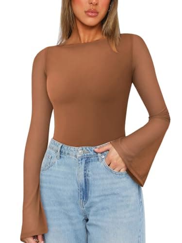 REORIA Women’s Fashion Sexy Boat Neck Classy Bell Sleeve Double Lined Sheer Mesh Cute Night Out Bodysuit Tops For Party Brown XX-Large - Image 1