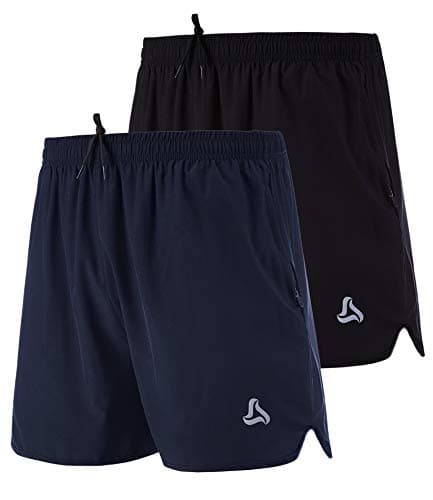 SILKWORLD Men's Running Stretch Quick Dry Shorts with Zipper Pockets, Black,Dark Navy(Pack of 2), Medium - Image 1