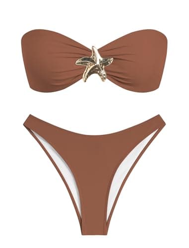 ZAFUL Bathing Suit for Women 2 Piece Bikini Strapless Smocked Starfish Tanga Bandeau Bikini Set Summer Swimsuit Bathing Suits Brown XS - Image 1