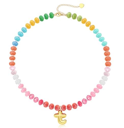 Btysun Bubble T Initial Necklaces for Women Gifts for Her Gemstone Necklace Colorful Beaded Necklace Summer Beach Birthday Gifts for Teen Balloon T Pendant Choker Christmas Jewelry - Image 1