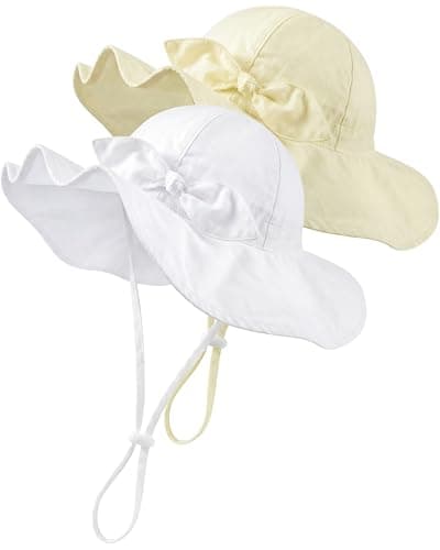 HONGTEYA Baby Sun Hat Toddler Girls Boys Infant Beach Outdoor Summer Hat Stripe Bow Wide Brim Sun Protection White/Beige - Image 1