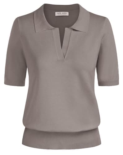 Kate Kasin Women Short Sleeve Polo Sweater Tops Lightweight Summer V Neck Soft Knit Pullover Shirt Coffee M - Image 1