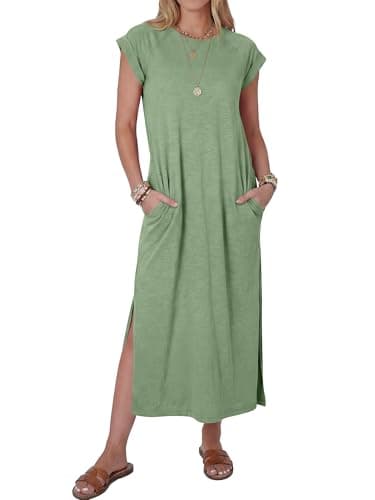 ANRABESS Women Summer Maxi Dress 2026 Casual Loose Cap Sleeve Crewneck Split Beach Vacation Long Sundress with Pockets Green Small - Image 1