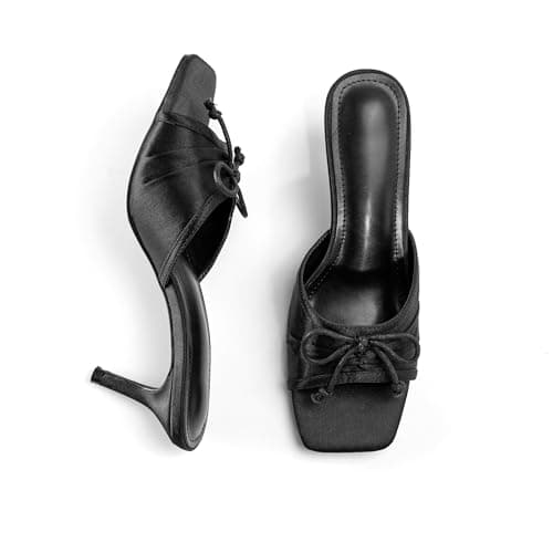 RUSAUISE Square Open Toe Stiletto Heels Mules Sandals Slip On Cord Bowtie Middle Heeled Wedding Party Dressy Shoes Black Satin Size 6 - Image 1