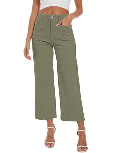 DAOAO Green Pants Women Wide Leg Jeans Woman Cropped Teacher Pants High Waisted Stretchy Trendy XXL - Image 1