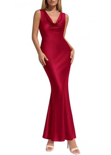 KIRUNDO Womens Summer Cowl Neck Sleeveless Satin Maxi Dress Elegant Bodycon Cocktail Wedding Guest Party Long Dresses(Red, XX-Large) - Image 1
