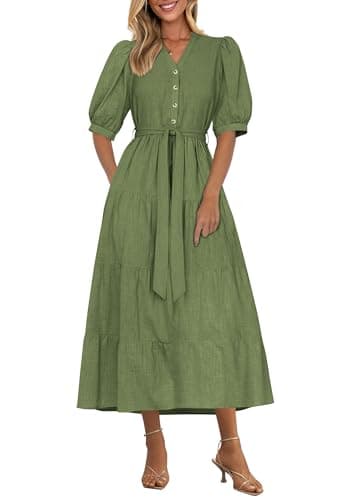 PRETTYGARDEN Summer Dresses for Women 2026 Elegant Classy Short Sleeve V Neck Ruffle A Line Belted Long Beach Vacation Dress (Cyan,Large) - Image 1