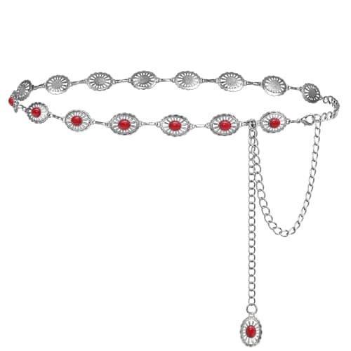 FIORETTO Turquoise Chain Belt for Women, Metal Western Cowboy Cowgirl Waist Chain with Oval Conchos, Boho Country Style Belt for Dress & Jeans, Silver Red Stone, Length 45inch - Image 1