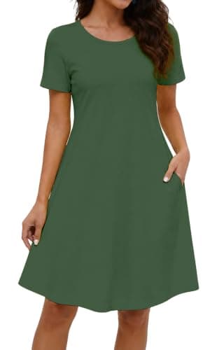 COSSEN Women's Summer 2026 Casual Tshirt Dress Green Small Crew Neck Short Sleeve with Pockets Flowy Loose Swing A-Line Sundress - Image 1