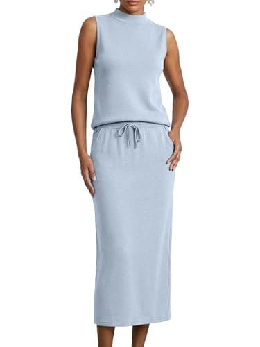 Casly Lamiit Womens 2 Piece Lounge Set Casual Airport Outfits Spring Sleeveless Maxi Skirt Travel Set with Pockets Going Out Lounge Wear Light Blue XS - Image 1