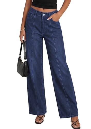 PRETTYGARDEN Women's Wide Leg Jeans High Waisted Stretchy Baggy Seamed Front Denim Palazzo Pants 2026 Summer Fashion Clothes (Deep Blue,14) - Image 1