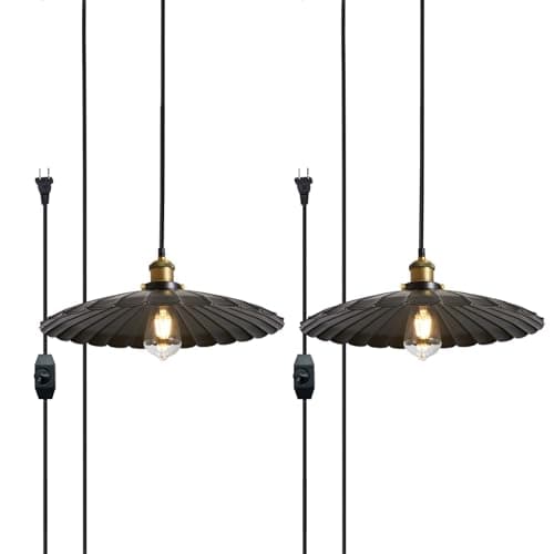 Oyisen Hanging Plug in Light 2Pack Rustic Black 13.8 Inch Lampshade with 14Ft Cord Bar Counter Hanging Light Fixture with Plug in Cord On/Off Switch Hanging Lamp Plug in - Image 1