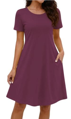 COSSEN Women's Summer 2026 Casual Tshirt Dress Violet Purple Small Crew Neck Short Sleeve with Pockets Flowy Loose Swing A-Line Sundress - Image 1