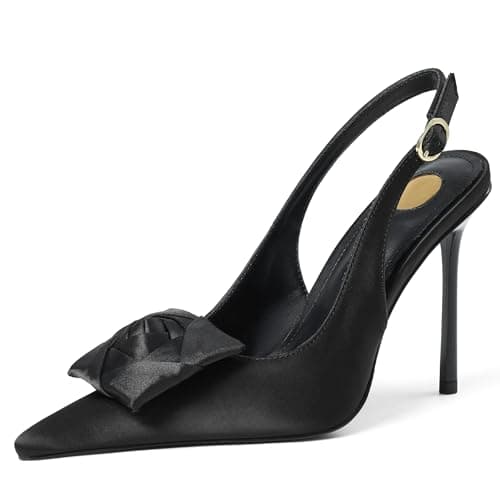 Atsroel Satin Slingback Pumps Women Floral Pointed Toe Black High Heels