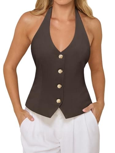 PINKMSTYLE Blazer Vest for Women Halter V Neck Button Down Vests Business Casual Work Blazer Waistcoat Chocolate Brown Small - Image 1